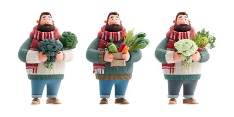 Three cheerful cartoon farmers holding assorted fresh vegetables and leafy greens isolated on a transparent background for grocery promotion.