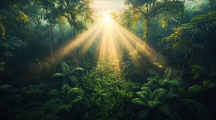 Sunlight streams through lush jungle canopy
