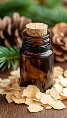 Aromatic Cedarwood Essential Oil in Amber Bottle, Surrounded by Wood Shavings and Pine Branches