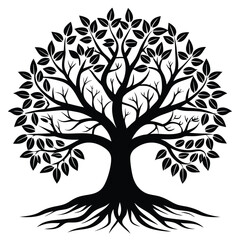 Obraz premium Silhouette of a Tree with Leaves and Roots Isolated on White Background
