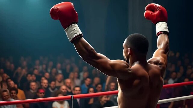 A black African American boxer celebrates victory by raising his arms to the crowd