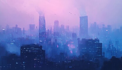 Obraz premium Futuristic city skyline at dawn, hazy and vibrant