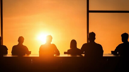 Silhouette of people sitting at a table with the sunrise