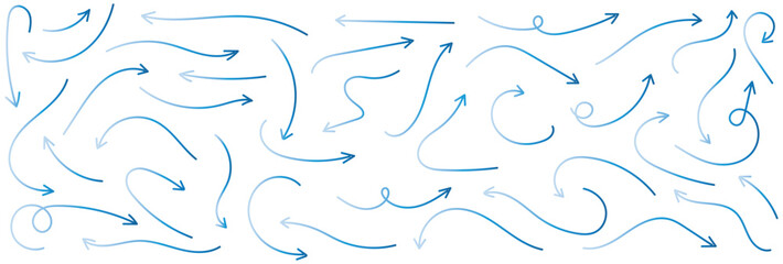 A set of simple lines, drawn blue arrows in various style. Set of simple of hand-drawn blue arrows. Set of simple lines, drawn blue gradient arrows. Various of simple lines arrows illustration.