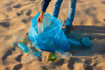 Voluntary beach cleanup drive collecting plastic waste for environmental conservation