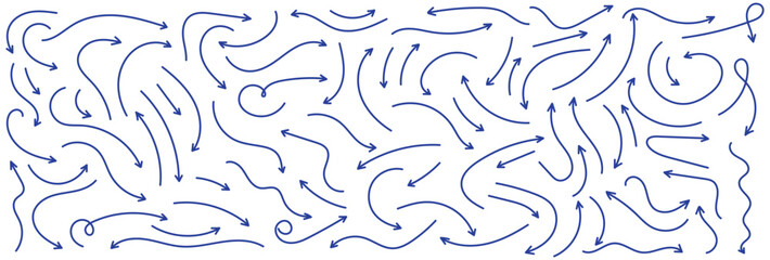 Hand-drawn vector arrow set, different curved lines, Arrow vector blue hand-drawn sketch icon set. Doodle sketch drawn blue arrow direction element, Pencil doodle line graphic design element