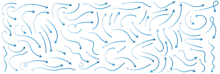 Obraz premium Blue hand-drawn vector arrow set. Arrow crayon brush doodle chalk line stroke. Sketch pencil texture line scribble arrow icon. Hand-drawn grunge blue gradient brush sketch on a white background 