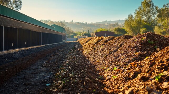 Composting facility features multiple windrows of organic waste, with green hills in the background and a bright, sunny sky creating a peaceful atmosphere