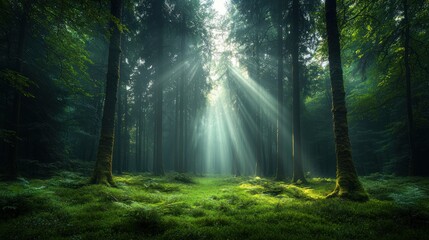 Sunlight streams through misty forest