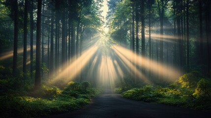 Obraz premium Sunlight streams through misty forest