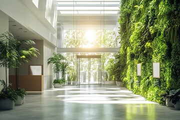 Fototapeta premium Bright Eco Lobby Interior With Green Wall and Natural Light, Modern Office Design