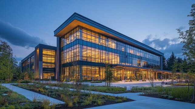 A large tech manufacturing complex stands prominently with advanced architecture. Windows reflect warm light as surrounding greenery enhances the tranquil atmosphere at twilight