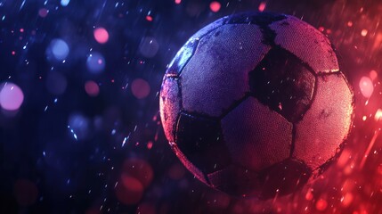 Rain-soaked soccer ball, night game, bokeh background, sports imagery