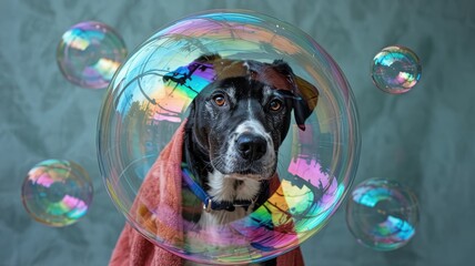 Black and white dog in orange towel surrounded by floating bubbles