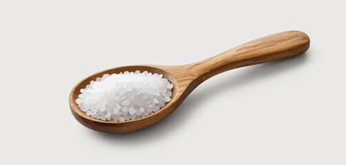 Wooden Spoon of White Salt Crystals on White Background