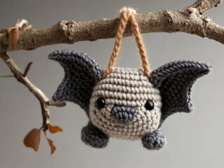 Fototapeta premium Cute little crochet bat hanging from a branch