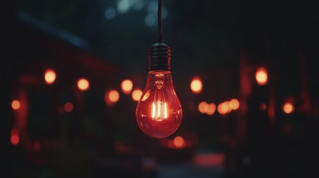 A single glowing lightbulb suspended with other blurred lights