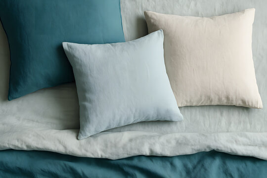 horizontal zenithal view of teal, celeste and cream linen bedding