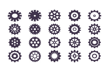 Gear Icon Vector Collection. Black Cogwheels, Mechanical Engineering Symbols, Industrial Sprocket Shapes, Machinery Parts, Abstract Gearwheel and Cog Graphics Set
