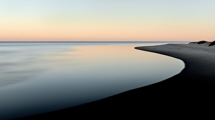 A serene beach scene features water and a beautiful tranquil sky