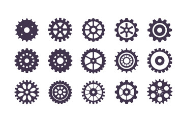 Gear Icon Vector Collection. Black Cogwheels, Mechanical Engineering Symbols, Industrial Sprocket Shapes, Machinery Parts, Abstract Gearwheel and Cog Graphics Set