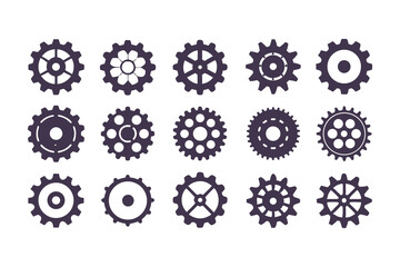 Gear Icon Vector Collection. Black Cogwheels, Mechanical Engineering Symbols, Industrial Sprocket Shapes, Machinery Parts, Abstract Gearwheel and Cog Graphics Set