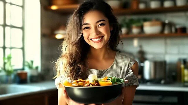 Happy woman presenting a healthy salad in a cozy kitchen.
