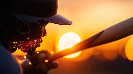 A baseball player poised to swing the bat during a sunset