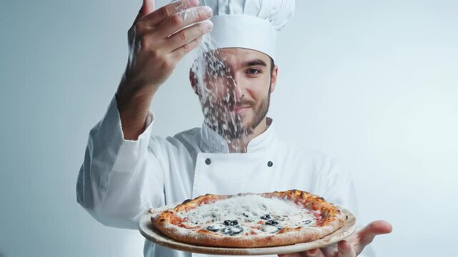 Handsome chef sprinkling flour over a freshly made pizza.