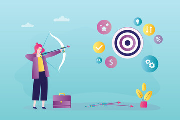 Business leader, confident businesswoman aiming target with bow and arrow archery to the target board. Business target and achievement concept. Archery,