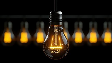 A brightly lit bulb hangs in front of blurred similar objects