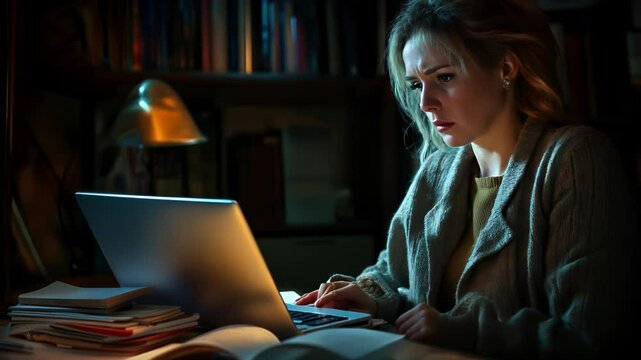 Tired woman working late at night on laptop, she is sad and disappointed