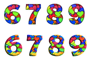 Rainbow Hearts 6, 7, 8, 9 Number letter text font  