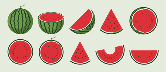 Watermelon Slices and Whole Fruit Illustration Set