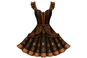 Elegant brown dress with gold pattern on transparent background