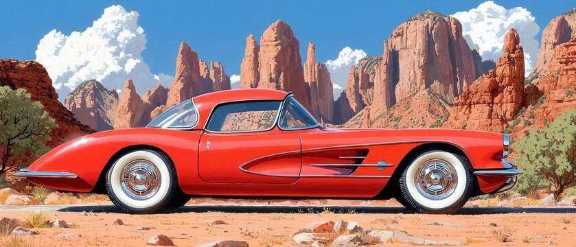 Classic red convertible sports car parked in desert landscape, majestic rock formations in background