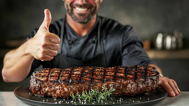 Chef presenting a perfectly grilled steak, a premium gourmet dish.