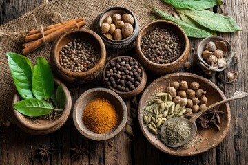 Assorted spices in wooden bowls