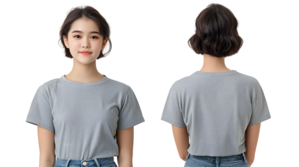 Mockup Beautiful Young Girl Short Hair China Model Gray T-Shirt Jeans PNG