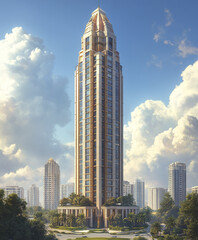 tall building surrounded by greenery and cityscape under blue sky with clouds