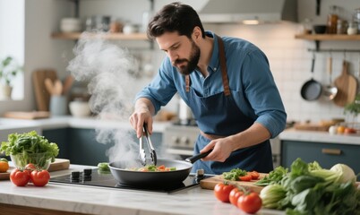 Man cooking in kitchen with steam and vegetables