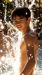 Obraz premium Boy smiles, drenched in splashing water
