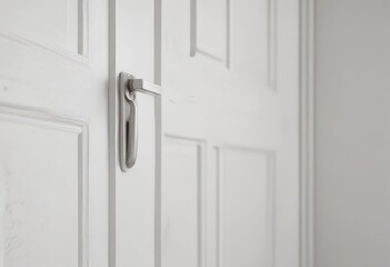 Fototapeta premium Close-up of pristine white wooden door, contemporary handle , modern, surface