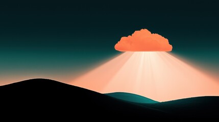 Fototapeta premium An orange cloud casting beams of light over dark rolling hills