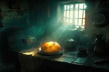 Rustic kitchen scene, warm bread in sunlit room  A rustic, dimly lit interior, a round loaf of bread sits on a dark plate on a wooden table, bathed in sunlight streaming through a barred window  
