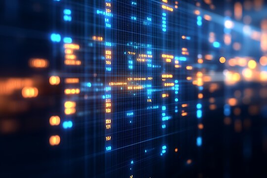 Abstract digital data stream, glowing blue and orange codes on dark grid