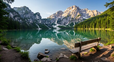 Serene Alpine Lake with Mountain Reflections and Wooden Bench