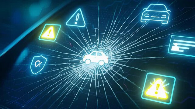 Digital Car Crash Alert System with Cracked Windshield and Holographic Safety Warning Icons for Smart Vehicle Protection


