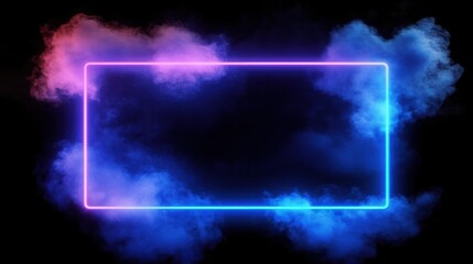 Blue and Purple Neon Light with Cloud Formation. Square shaped Fluorescent Frame in Dark Environment.