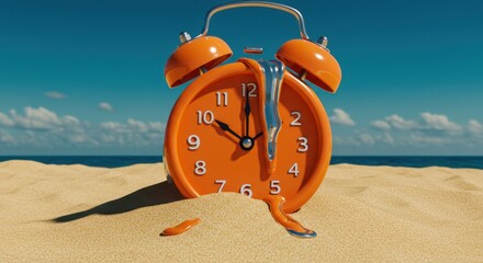 Melting clock on a beach with ocean background